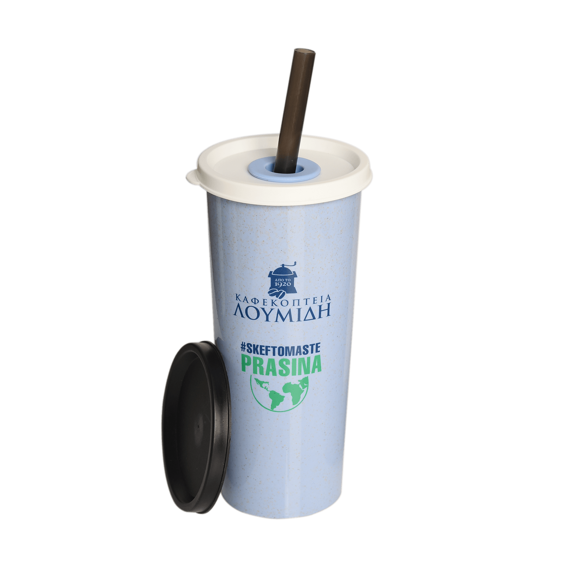 Επαναχρησιμοποιούμενο Ποτήρι Καφέ με Καλαμάκι "Καφεκοπτεία Λουμίδη" | Μπλε - Καφεκοπτεία Λουμίδη